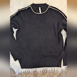 Women's Athleta Black Extra Fine Merino Wool Sweater with White Trim, Small Hole